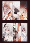  2girls black_gloves blood blood_on_face commentary_request fu_hua fu_hua_(fenghuang_of_vicissitude) gloves grey_hair hair_ornament hair_over_one_eye herrscher_of_sentience highres holding_hands honkai_(series) honkai_impact_3rd multicolored_hair multiple_girls red_eyes red_gloves red_hair takakura_aki two-tone_hair white_hair 