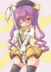  1girl absurdres bandage_over_one_eye beret black_thighhighs blush bow brown_gloves cosplay curvy drill_hair embarrassed emil_chronicle_online gloves gun hair_bow hat highres holding holding_gun holding_weapon long_hair mummy_alma neck_ribbon open_mouth purple_hair red_eyes red_skirt ribbon rifle shirt silver-index skirt solo thighhighs tomoe_mami tomoe_mami_(cosplay) twin_drills twintails weapon white_shirt yellow_bow yellow_corset yellow_ribbon 