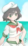  anchor_symbol black_hair dress green_eyes hand_on_hip hat highres horizon looking_at_viewer murasa_minamitsu navel ocean sailor_dress sailor_hat short_hair signature sky solo touhou yuzuna99 