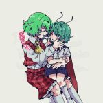  2girls antennae ascot black_cape black_shorts blush bobotatamu cape collared_shirt commentary_request feet_out_of_frame frilled_skirt frills green_eyes green_hair grey_background hair_intakes highres kazami_yuuka long_sleeves looking_at_another multiple_girls open_clothes open_mouth open_vest plaid_clothes plaid_skirt plaid_vest red_eyes red_skirt red_vest shirt short_hair shorts simple_background sitting sitting_on_lap sitting_on_person skirt skirt_set smile socks touhou translation_request vest white_shirt white_socks wriggle_nightbug yellow_ascot 