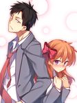  1girl black_hair blush bow gekkan_shoujo_nozaki-kun hair_bow hair_ribbon highres long_hair necktie nozaki_umetarou orange_hair polka_dot polka_dot_bow purple_eyes racer_(magnet) ribbon rouman_academy_uniform sakura_chiyo school_uniform short_hair 