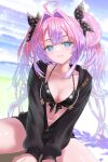  +_+ 1girl absurdres ahoge bikini black_bikini black_hoodie black_ribbon blue_eyes blush breasts collarbone day hair_intakes hair_ribbon highres hololive hololive_dev_is hood hoodie kikirara_vivi long_hair long_sleeves looking_at_viewer multicolored_hair nanaki24 navel ocean outdoors parted_lips pink_hair pink_lips purple_hair ribbon sitting sleeves_past_wrists smile solo sparkle_print stomach swimsuit two-tone_hair virtual_youtuber 