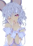  alternate_costume animal_ears blush grey_hair ishikkoro looking_at_viewer messy_hair mouse_ears nazrin one_eye_closed open_mouth red_eyes short_hair simple_background solo tongue tongue_out touhou white_background wrist_cuffs 