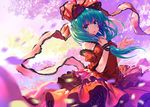  bare_shoulders blurry bow breasts depth_of_field dress frills green_eyes green_hair hair_bow hair_ribbon hand_on_own_chest kagiyama_hina lowres petals ribbon small_breasts smile solo sunset touhou wrist_ribbon zimajiang 