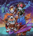  armor ball_and_chain_(weapon) barutan belt chain compati_hero crossover f91_gundam fighter_roar flail greatsword gundam gundam_f91 holding holding_weapon kamen_rider kamen_rider_black_rx kamen_rider_black_rx_(series) male_focus red_eyes rider_belt spike_ball spiked_ball_and_chain sword ultra_series ultraman:_towards_the_future ultraman_great weapon 