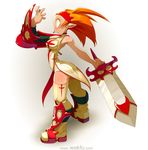  armor boots breasts cross greaves halterneck huge_weapon iop long_hair no_pupils orange_hair panties pauldrons pointy_ears side_slit solo sword thigh_boots thighhighs two_side_up underwear wakfu weapon white_legwear xavier_houssin 