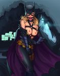  1girl ball_gag batcave batgirl batman_(series) bdsm belt blonde_hair blue_eyes bodysuit breasts cape collar collarbone cowl dc_comics full-length_zipper gag gagged harness highres lips mask nipples no_bra off_shoulder sane-person slave smile solo stephanie_brown thigh_pouch unzipping utility_belt zipper 