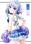  bikini bikini_top blue_bikini braid cheerleader e.o. from_behind highres izayoi_sakuya lavender_hair long_hair looking_at_viewer looking_back maid_headdress panties pantyshot pantyshot_(standing) pom_poms purple_eyes skirt solo standing swimsuit touhou twin_braids underwear white_panties 