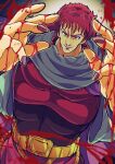  1boy absurdres androgynous armor belt blood blood_on_hands blood_splatter blurry braid cape commentary_request depth_of_field eyeshadow floating_cape grey_cape grey_eyes highres hokuto_no_ken long_hair looking_at_viewer low_twin_braids makeup male_focus muscular muscular_male otyumamii purple_cape purple_eyeshadow purple_lips purple_nails red_armor red_hair solo twin_braids two-sided_cape two-sided_fabric yuda_(hokuto_no_ken) 