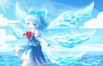  02charaice20 1girl absurdres blue_bow blue_eyes blue_hair blue_skirt blue_vest bow bowtie chinese_commentary cirno cirno_day collared_shirt commentary_request detached_wings hair_bow highres ice ice_wings long_hair looking_at_viewer open_mouth pixel_art puffy_short_sleeves puffy_sleeves red_bow red_bowtie shirt short_sleeves skirt smile solo touhou vest white_shirt wings wrist_cuffs 