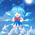 02charaice20 1girl animated animated_gif blinking blue_bow blue_dress blue_eyes blue_hair bow bowtie chinese_commentary cirno cirno_day commentary_request detached_wings dress hair_bow hands_on_own_hips ice ice_wings looking_at_viewer looping_animation open_mouth pinafore_dress pixel_art red_bow red_bowtie sleeveless sleeveless_dress smile snowing solo touhou wings 