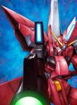  aegis_gundam aiming beam_rifle commentary_request energy_gun foreshortening green_eyes gundam gundam_seed mecha mecha_focus mobile_suit nakamura_jun'ichi no_humans robot science_fiction signature solo v-fin weapon 