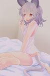  animal_ears bare_shoulders barefoot bed grey_hair ishikkoro mouse_ears mouse_tail nazrin open_mouth panties red_eyes short_hair sitting solo tail touhou underwear wariza white_panties 