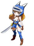  1girl armlet armor belt blue_armor breasts brown_eyes brown_gloves brown_hair chibi cleavage daisy_(dq) dragon_quest dragon_quest_yuusha_abel_densetsu fake_horns full_body gloves helmet hiro68 holding holding_sword holding_weapon horned_helmet horns jewelry long_hair looking_at_viewer simple_background smile solo sword thighhighs weapon white_background 