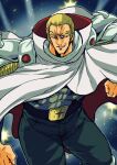 1boy absurdres aqua_pants armor belt_buckle blonde_hair blue_background blue_eyes buckle cape clenched_hands commentary_request denim facial_mark floating_cape forehead_mark grey_armor highres hokuto_no_ken jeans looking_at_viewer male_focus muscular muscular_male open_mouth otyumamii pants red_cape sketch smirk solo souther spiked_pauldrons thick_eyebrows two-sided_cape two-sided_fabric white_cape 