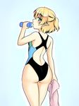  ass back blonde_hair competition_swimsuit drinking green_eyes isaki_(gomi) looking_at_viewer looking_back mizuhashi_parsee one-piece_swimsuit pointy_ears solo swimsuit touhou towel 