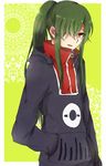  green_hair hair_over_one_eye hand_in_pocket high_collar highres hood hoodie kagerou_project kido_tsubomi long_hair long_ponytail long_sleeves open_mouth ponytail red_eyes ringomaru solo yellow_background zipper 