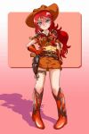  1girl belt blue_eyes boots cowboy_hat cowboy_western gemini_sunrise gloves gun hair_tie hand_on_own_hip handgun hat highres jacket looking_at_viewer multiple_belts orange_jacket orange_skirt ponytail red_boots red_gloves red_hair sakura_taisen sakura_taisen_v shadow shirt sidelocks skirt weapon yellow_shirt youmizuki 