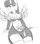  2014 anthro anthrofied balls blush cleavage clothed clothing condom cum dickgirl equine friendship_is_magic greyscale hair half-closed_eyes horn intersex jailbait_(artist) looking_at_viewer mammal monochrome my_little_pony navel penis sketch smile solo twilight_sparkle_(mlp) winged_unicorn wings 
