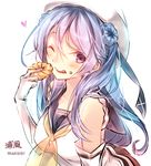  bad_id bad_pixiv_id bare_shoulders beret blue_eyes blue_hair double_bun doughnut food hat heart kantai_collection long_hair looking_at_viewer neckerchief puuko_(iberiko_neko) skirt sleeves_rolled_up smile solo tongue tongue_out upper_body urakaze_(kantai_collection) white_hat yellow_neckwear 
