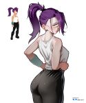  1girl absurdres artist_name ass black_pants breasts futurama highres large_breasts long_hair nisp_art one-eyed pants pantylines parted_lips ponytail purple_hair reference_inset simple_background solo tank_top turanga_leela white_background white_tank_top 
