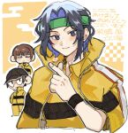  3boys :3 adam&#039;s_apple arm_at_side baseball_cap black_hat blue_eyes blue_hair blush blush_stickers border brown_hair chibi chibi_inset closed_eyes closed_mouth collared_shirt colored_inner_hair cropped_torso curtained_hair finger_heart green_headband hand_up hat hatching_(texture) headband heart highres jacket jacket_on_shoulders jitome kusamoti_91 linear_hatching long_bangs looking_at_viewer male_focus multicolored_hair multiple_boys outline parted_bangs popped_collar sanada_gen&#039;ichirou shirt short_hair solo_focus sweatband tennis_no_ouji-sama track_jacket track_suit translation_request wavy_hair white_border white_outline wristband yanagi_renji yellow_background yellow_jacket yellow_shirt yukimura_seiichi 