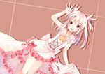  :d alternate_costume collarbone dress dutch_angle fate/kaleid_liner_prisma_illya fate_(series) hair_ornament illyasviel_von_einzbern looking_at_viewer nonono open_mouth pink red_eyes ribbon silver_hair simple_background skirt_hold smile solo waving 