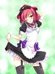  apron arm_up black_legwear blush bow garter_straps hair_bow love_live! love_live!_school_idol_project maid mogyutto_&quot;love&quot;_de_sekkin_chuu! nishikino_maki open_mouth purple_eyes red_hair short_hair short_ponytail skirt skirt_lift solo thighhighs yu-ta 