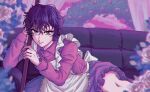  1boy apron arch blurry broom chromatic_aberration collared_shirt couch cowboy_shot crossdressing crossdressing_(mtf) curtains depth_of_field flower frilled_apron frilled_skirt frills hair_between_eyes highres holding holding_broom long_sleeves maid maid_apron male_focus male_maid mizuki_hajime official_alternate_costume on_couch pale_skin pink_shirt pink_sky pink_theme purple_eyes purple_hair purple_skirt purple_theme rose rose_bush ryo_1293 shirt short_hair skirt sky smile solo tennis_no_ouji-sama topiary v-shaped_eyebrows wavy_hair white_apron white_flower white_rose wispy_bangs 