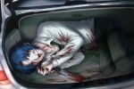  1boy :d belt black_pants blood blood_on_clothes blood_on_face blood_on_hands blood_on_knife blue_eyes blue_hair car car_trunk collarbone collared_shirt curtained_hair diagonal-striped_clothes diagonal-striped_necktie dress_shirt feet_out_of_frame from_above green_necktie holding holding_knife in_trunk interlocked_fingers knife long_sleeves looking_at_viewer loose_necktie lying male_focus motor_vehicle narrowed_eyes necktie on_side open_mouth own_hands_clasped own_hands_together pale_skin pants parted_hair partially_unbuttoned ryo_1293 school_uniform shirt shirt_tucked_in short_hair smile solo striped_clothes tareme tennis_no_ouji-sama wavy_hair white_shirt yukimura_seiichi 