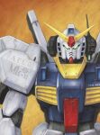  aeug commentary_request green_eyes gundam gundam_mk_ii looking_at_viewer mecha mecha_focus mobile_suit nakamura_jun'ichi no_humans radio_antenna robot science_fiction solo upper_body v-fin yellow_background zeta_gundam 