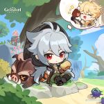  2boys absurdres aether_(genshin_impact) ahoge antenna_hair berry black_boots blonde_hair blue_sky boar boned_meat boots chibi cloud commentary copyright_name day dot_nose drooling english_commentary falling_leaves food genshin_impact gloves green_pants grey_hair highres holding holding_food hood hood_up knee_up leaf long_hair male_focus meat multiple_boys official_art outdoors pants razor_(genshin_impact) red_eyes scar scar_on_cheek scar_on_face sitting sky speech_bubble thought_bubble tree very_long_hair wolfhook_(genshin_impact) 