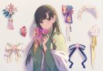 1girl black_hair blunt_bangs blush braid closed_mouth floral_print flower green_kimono hair_flower hair_ornament holding japanese_clothes kimono kobayakawa_sae long_hair long_sleeves looking_at_viewer original reikakrzk smile solo upper_body wide_sleeves 
