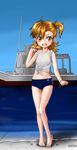  1girl ahoge barakamon bedster boat bracelet cameltoe jewelry kotoishi_naru looking_at_viewer navel older sandals side_ponytail smile solo water wet 