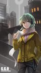 aqua_eyes aqua_hair bad_id bad_pixiv_id cityscape hand_in_pocket highres light_smile looking_at_viewer scarf short_hair sinon solo swd3e2 sword_art_online 