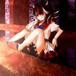  black_hair horns kijin_seija multicolored_hair nine_usagi red_eyes ribbon short_hair sitting smile streaked_hair touhou two-tone_hair 