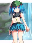  alternate_costume bare_legs bare_shoulders belt blue_eyes blue_hair blush breasts cabbie_hat crop_top frilled_skirt frills hair_bobbles hair_ornament hat kawashiro_nitori key looking_at_viewer midriff miniskirt moss navel rock short_hair short_twintails skirt sleeveless small_breasts smile solo standing tank_top touhou twintails two_side_up uumaru water waterfall 