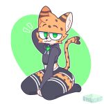 1:1 2023 3_toes aiyhav_nouneim ambiguous_gender andromorph_(lore) anthro artist_logo artist_name black_clothing black_collar black_eyebrows black_legwear black_nose black_thigh_highs brown_body brown_fur brown_spots brown_stripes clothing collar collar_tag countershading cropped_hoodie dipstick_tail dolphin_shorts eyebrows feet felid feline forked_tail fur green_background green_eyes green_text half-closed_eyes hand_behind_head hand_in_lap head_tuft heart_collar_tag heart_symbol legwear leo_(cosmicservalleo) logo looking_at_viewer mammal markings multicolored_body multicolored_fur narrowed_eyes orange_body orange_fur raised_eyebrows serval simple_background solo spots stripes tail tail_markings tan_body tan_fur tan_inner_ear text thigh_highs toes tuft unusual_anatomy unusual_tail white_background