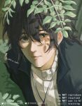  1boy black_hair black_jacket bluesky_logo bluesky_username english_commentary foliage highres jacket jewelry jujutsu_kaisen looking_at_viewer mahii_mahii male_focus original pendant short_hair solo sweater twitter_logo twitter_username white_sweater yellow_eyes 