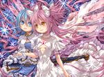  belt blue_eyes blue_hair bow cape dress eye_contact gloves hair_bow holding_hands kaname_madoka katzeh looking_at_another magical_girl mahou_shoujo_madoka_magica miki_sayaka multiple_girls pink_hair scabbard sheath soul_gem spoilers sword two_side_up ultimate_madoka weapon wings yellow_eyes 