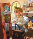  1girl :o bed bedroom bow bow_hairband bowtie commentary crossover dress full_body green_bow green_bowtie green_eyes green_hairband green_shoes green_sleeves hair_bow hair_ornament hairband heart heart_hair_ornament highres indoors inkling inkling_girl inkling_player_character leg_warmers lightning_bolt_hair_ornament lightning_bolt_symbol locker long_hair long_sleeves miko_(15476997) open_mouth orange_hair orange_socks pachirisu pawmi plusle pointy_ears pokemon pokemon_(creature) salmonid sample_watermark see-through_clothes see-through_sleeves shoes smallfry_(splatoon) socks splatoon_(series) splattershot_(splatoon) standing standing_on_one_leg star_(symbol) star_hair_ornament symbol-only_commentary tandemaus tentacle_hair watermark white_dress white_leg_warmers 
