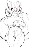  animal_ears blush bodysuit breasts cameltoe cleavage fox_ears fox_tail full-length_zipper furry greyscale highres huge_breasts long_hair monochrome multiple_tails no_bra null_(nyanpyoun) solo spot_color tail thigh_gap unzipped whisker_markings zipper 