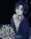  1boy adam&#039;s_apple black_background blue_cardigan blue_eyes blue_shirt blue_theme blurry bouquet cardigan cardigan_on_shoulders collarbone curtained_hair emaciated expressionless flower from_above holding holding_bouquet hospital_gown intravenous_drip jpeg_artifacts lily_(flower) linea_alba looking_at_viewer male_focus pale_skin parted_hair parted_lips raised_eyebrows ribs ryo_1293 shirt short_hair sick simple_background single_bare_shoulder single_off_shoulder solo tennis_no_ouji-sama upper_body wavy_hair yukimura_seiichi 