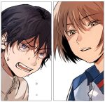  2boys black_hair blue_eyes border brown_hair choppy_bangs close-up coincoinco collared_shirt dripping_sweat fuji_shuusuke furrowed_brow glaring highres inset_border jacket looking_down looking_up male_focus mizuki_hajime multiple_boys open_mouth parted_lips portrait scowl serious shirt short_hair simple_background split_screen sweat tennis_no_ouji-sama unusually_open_eyes v-shaped_eyebrows very_sweaty wavy_hair white_background white_border white_jacket wispy_bangs 