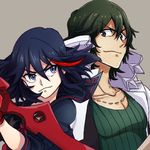  1girl black_hair green_eyes green_hair grey_eyes jewelry kill_la_kill looking_at_another matoi_ryuuko necklace sanageyama_uzu scissor_blade senketsu short_hair smile weapon yunkru 