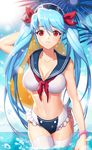  bad_id bad_pixiv_id bikini blue_hair bracelet breasts cleavage earrings eng_(hypark1102) hair_ribbon hat innertube jewelry large_breasts lens_flare long_hair looking_at_viewer luthica_preventer midriff navel partially_submerged red_eyes ribbon sailor_bikini sailor_collar shiny shiny_skin smile solo sun swimsuit sword_girls thighhighs twintails wading wet white_legwear 