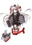  amatsukaze_(kantai_collection) brown_eyes choker covering covering_crotch dress dress_tug garter_straps grey_neckwear hair_ornament hair_tubes heart heart-shaped_pupils highres kantai_collection long_hair long_sleeves machinery neckerchief red_legwear rensouhou-kun sailor_dress short_dress silver_hair simple_background symbol-shaped_pupils thighhighs two_side_up v_arms very_long_hair white_background xiao_yinbie zettai_ryouiki 