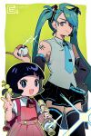  2girls ahoge aqua_necktie arched_bangs artist_logo artist_name bare_shoulders black_skirt black_thighhighs checkered_necktie collared_shirt commentary cosplay detached_sleeves e123oo flute green_hair grey_pupils grey_shirt hair_ornament hatsune_miku hatsune_miku_(cosplay) highres holding holding_flute holding_instrument holding_poke_ball instrument kaai_yuki kaai_yuki_(cosplay) logo long_hair multiple_girls necktie pink_necktie pink_skirt pleated_skirt poke_ball poke_ball_(basic) poke_flute pokemon pokemon_sv poppy_(pokemon) red_eyes rika_(pokemon) shirt short_sleeves shoulder_tattoo skirt sleeveless sleeveless_shirt smile symbol-only_commentary tattoo thighhighs tinkaton twintails v very_long_hair vocaloid white_shirt 