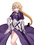  1girl armor armored_dress black_bow blonde_hair bow braid braided_ponytail breasts chains dress fate/apocrypha fate_(series) faulds floating_hair gauntlets hair_bow hand_on_hip headpiece jeanne_d&#039;arc_(fate) jeanne_d&#039;arc_(fate)_(all) jeanne_d'arc_(fate) jeanne_d'arc_(fate)_(all) large_breasts long_dress long_hair looking_at_viewer no_legwear purple_dress purple_eyes sheath sheathed shiny shiny_hair simple_background single_braid siun solo standing sword very_long_hair weapon white_background 