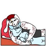 ambiguous_gender anthro bed clothing cozy cuddling daisy_(bunny) duo eyes_closed facial_scar female from_behind_position furniture hair happy lagomorph leporid long_hair mammal pillow rabbit scar self_insert sex shirt simple_background smile spiral_markings spoon_position tank_top topwear torso_shot y/n